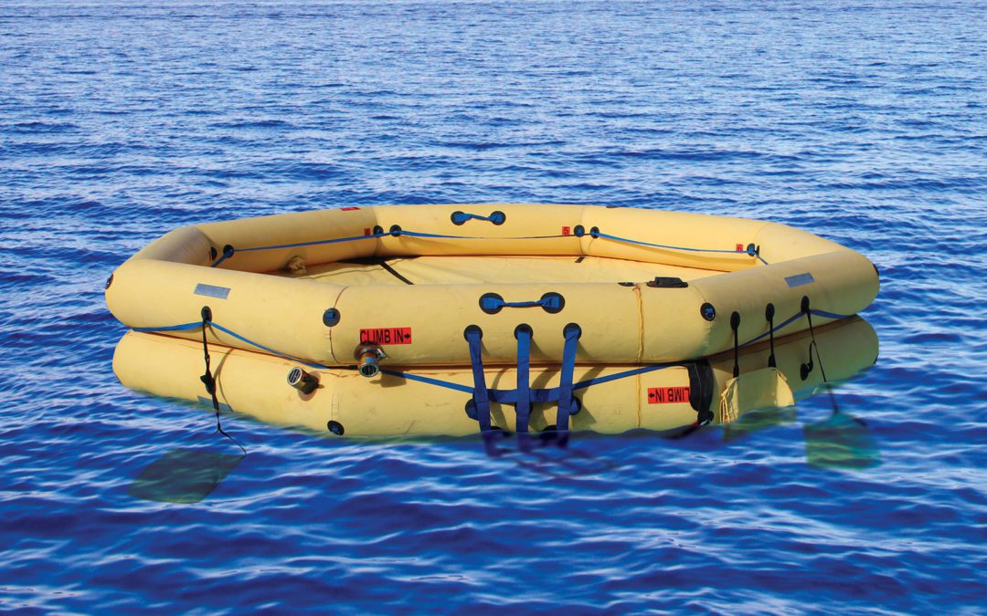 Life raft floating in the ocean